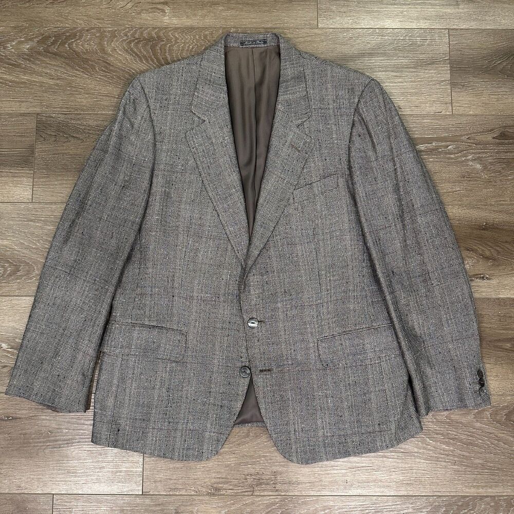 Vintage Silk Wool Italy Plaid Blazer Sport Coat Suit Jacket Gray Tan 43R / 44R